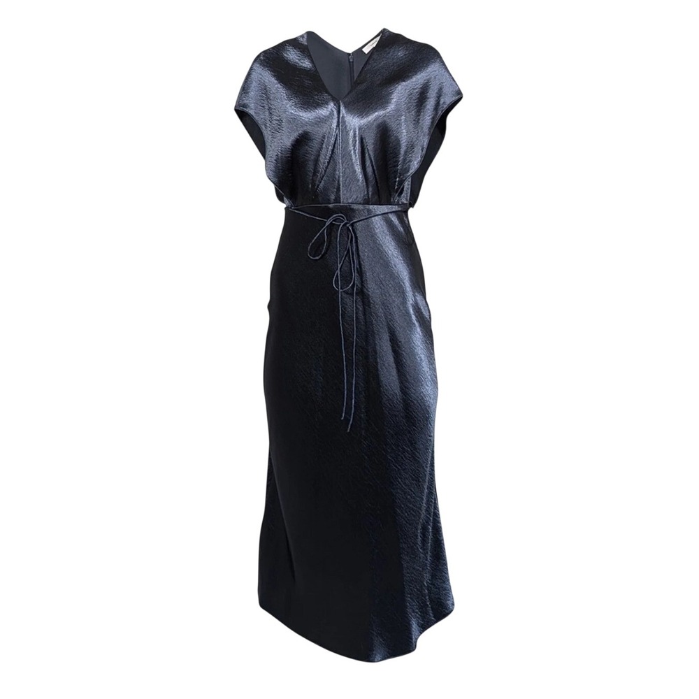 Vince Blue Charcoal Hammered Silky Satin V-Neck Tie Waist Midi Dress 2 Elegant